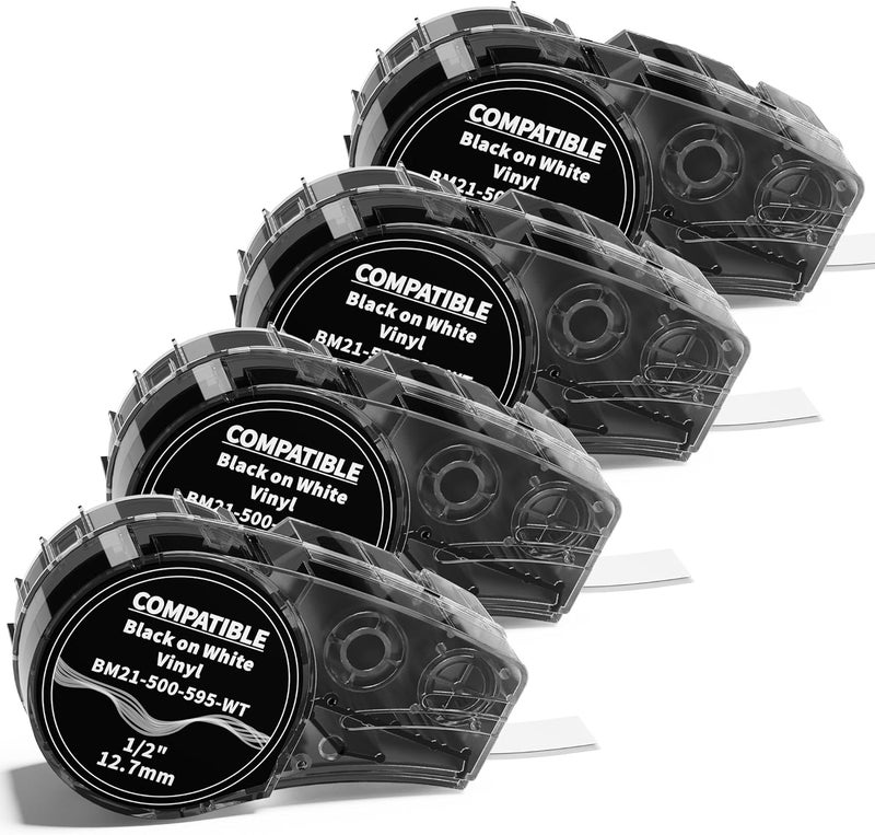 Wonfoucs Compatible with M21-500-595-WT Label Tape, 1/2 inches Adhesion Vinyl Labels Tape, 21' Length 0.5" Width, Work for M210-, M211, BMP21-Plus, BMP21 LAB Printer, 4-Pack - Image 1